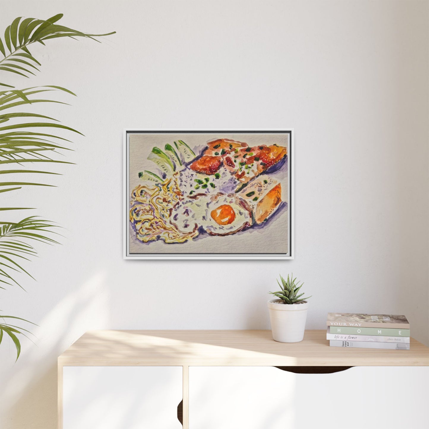 Beautiful food painting of mixed platter of eggs vegetables and assortments - Matte Canvas, Framed (Multi-color)