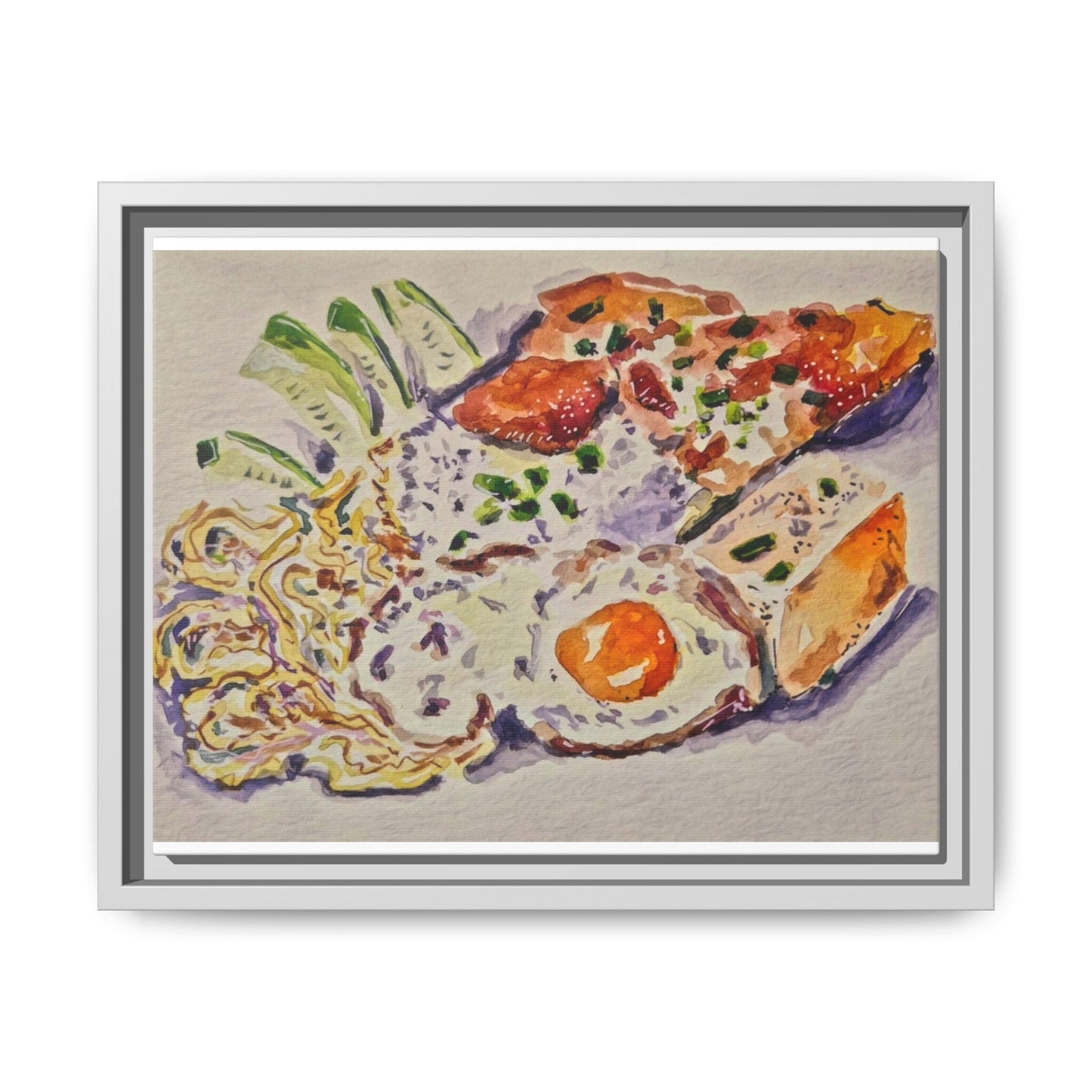 Beautiful food painting of mixed platter of eggs vegetables and assortments - Matte Canvas, Framed (Multi-color)