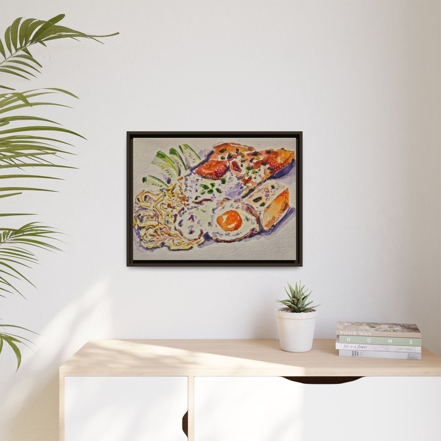 Beautiful food painting of mixed platter of eggs vegetables and assortments - Matte Canvas, Framed (Multi-color)