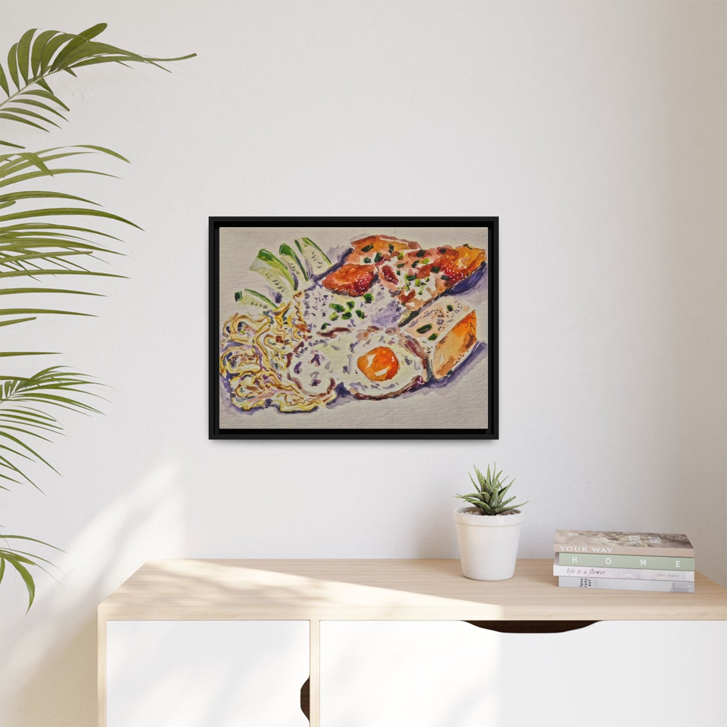 Beautiful food painting of mixed platter of eggs vegetables and assortments - Matte Canvas, Framed (Multi-color)