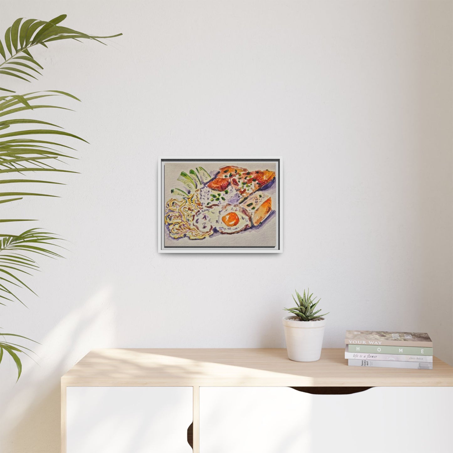 Beautiful food painting of mixed platter of eggs vegetables and assortments - Matte Canvas, Framed (Multi-color)