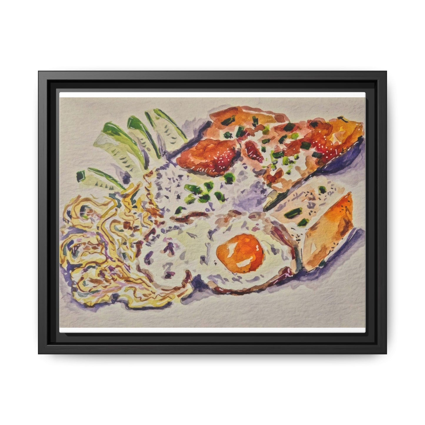 Beautiful food painting of mixed platter of eggs vegetables and assortments - Matte Canvas, Framed (Multi-color)