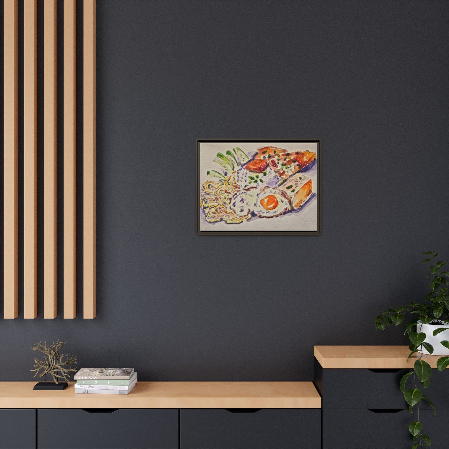 Beautiful food painting of mixed platter of eggs vegetables and assortments - Matte Canvas, Framed (Multi-color)