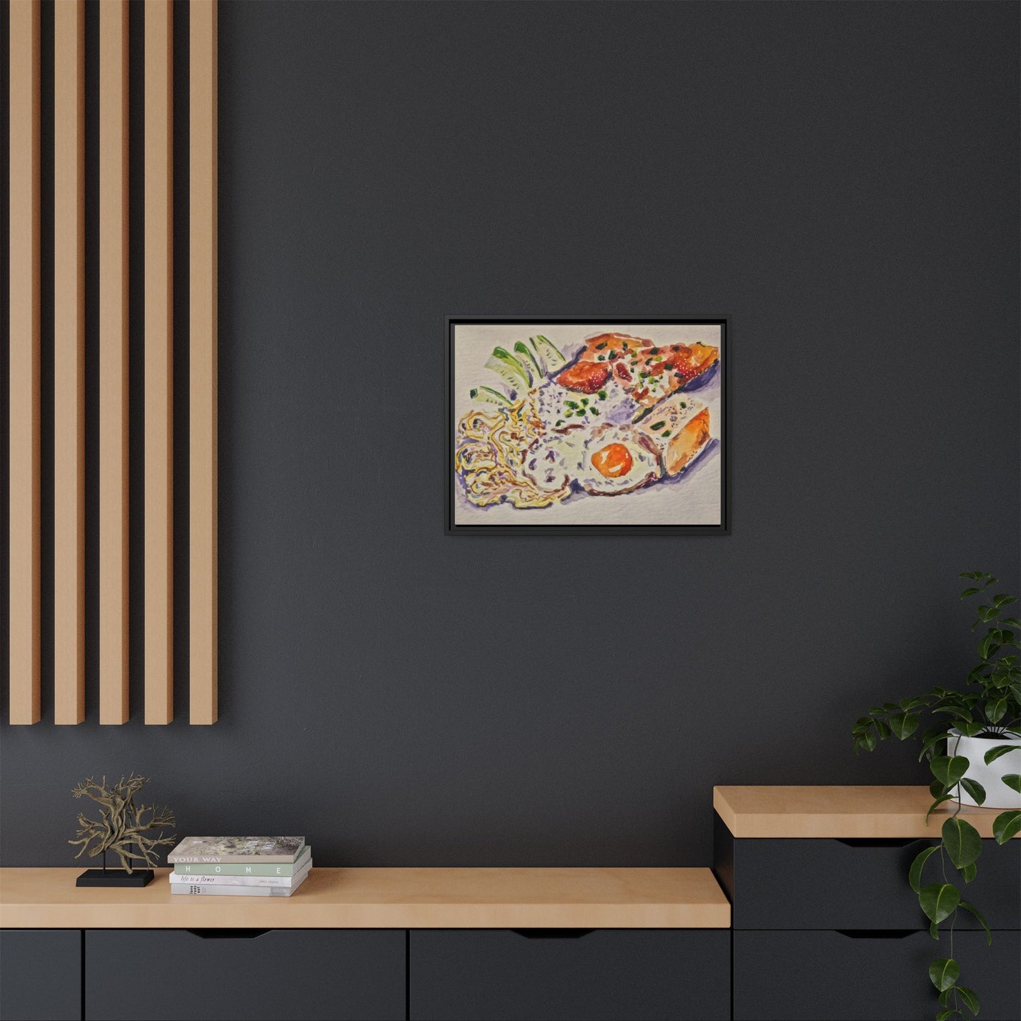 Beautiful food painting of mixed platter of eggs vegetables and assortments - Matte Canvas, Framed (Multi-color)
