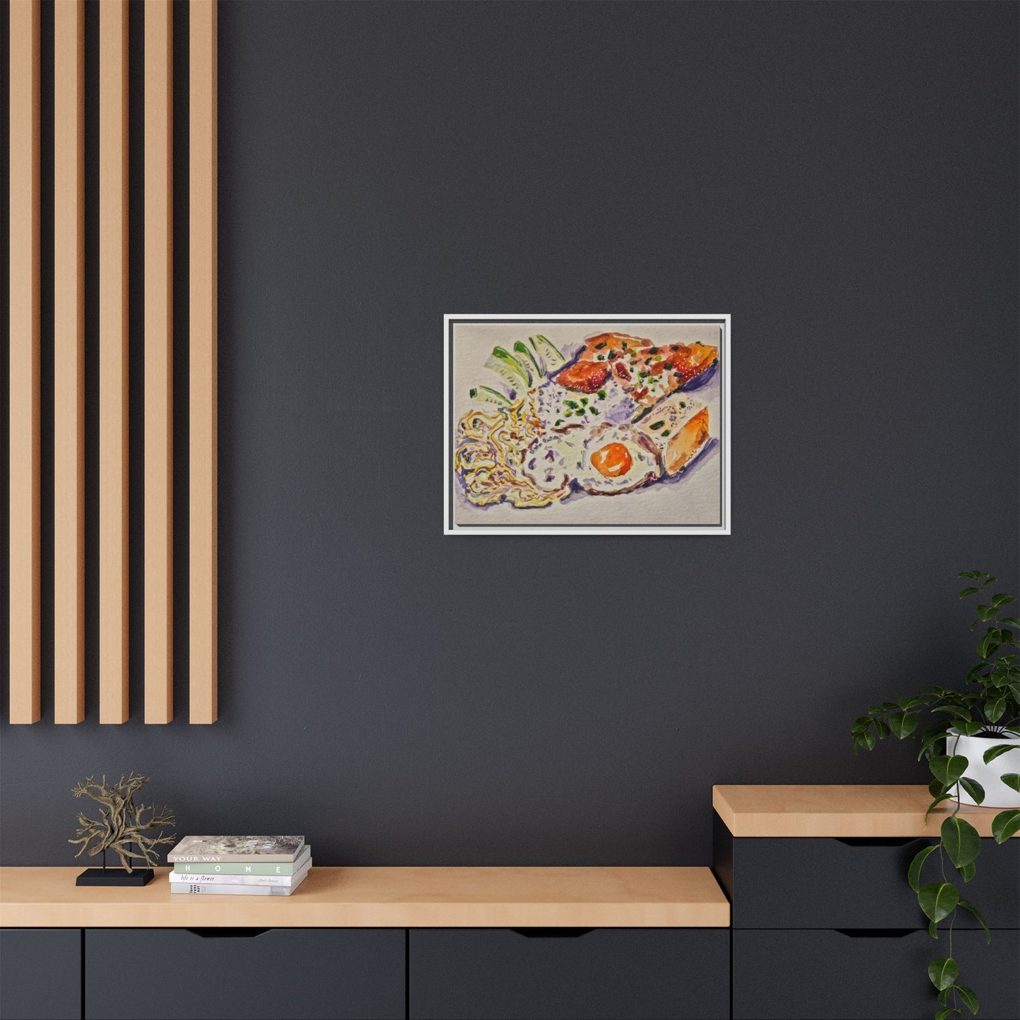 Beautiful food painting of mixed platter of eggs vegetables and assortments - Matte Canvas, Framed (Multi-color)