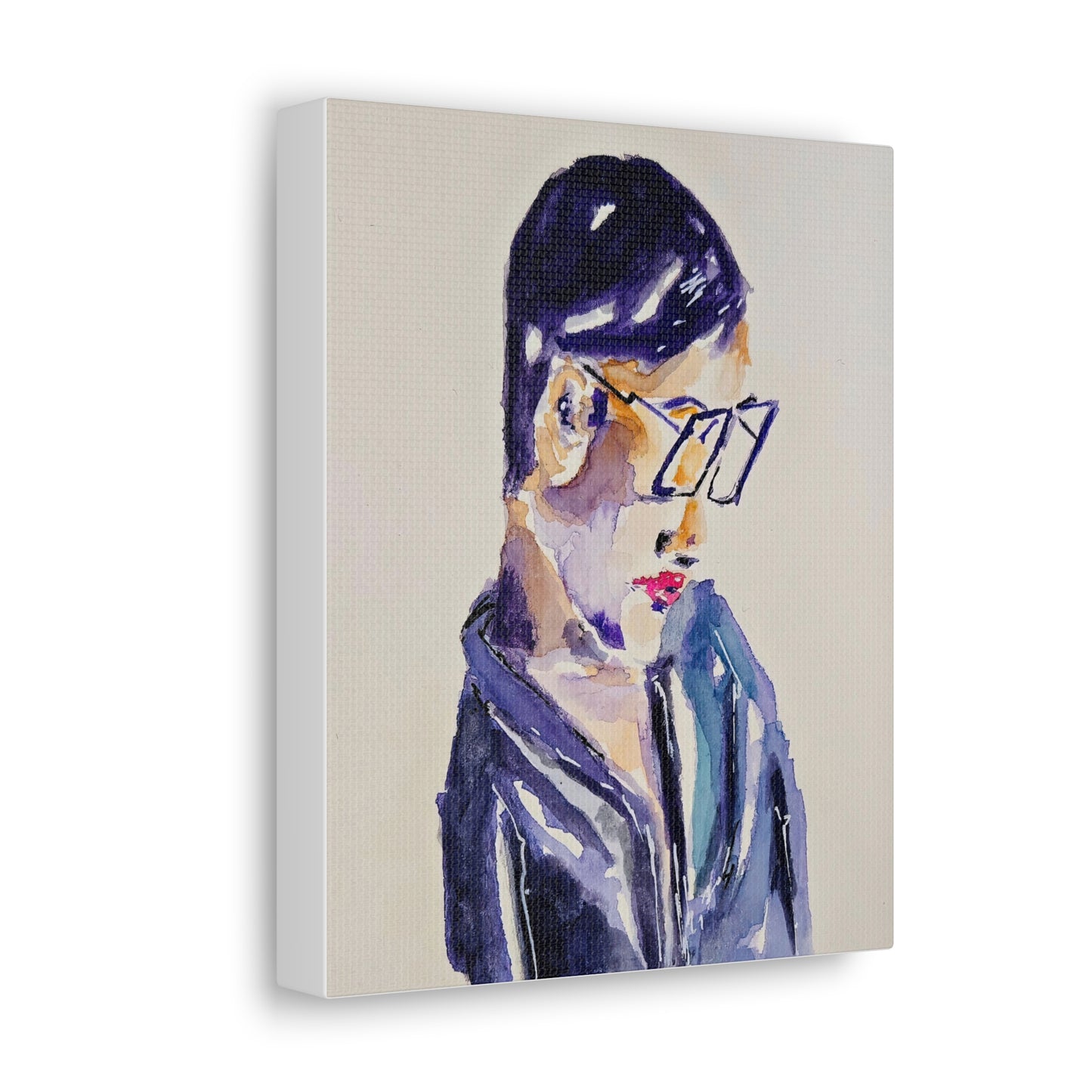 Deep Thinking Man Portrait in Glasses Handcrafted Watercolor Print - Canvas Wall Art