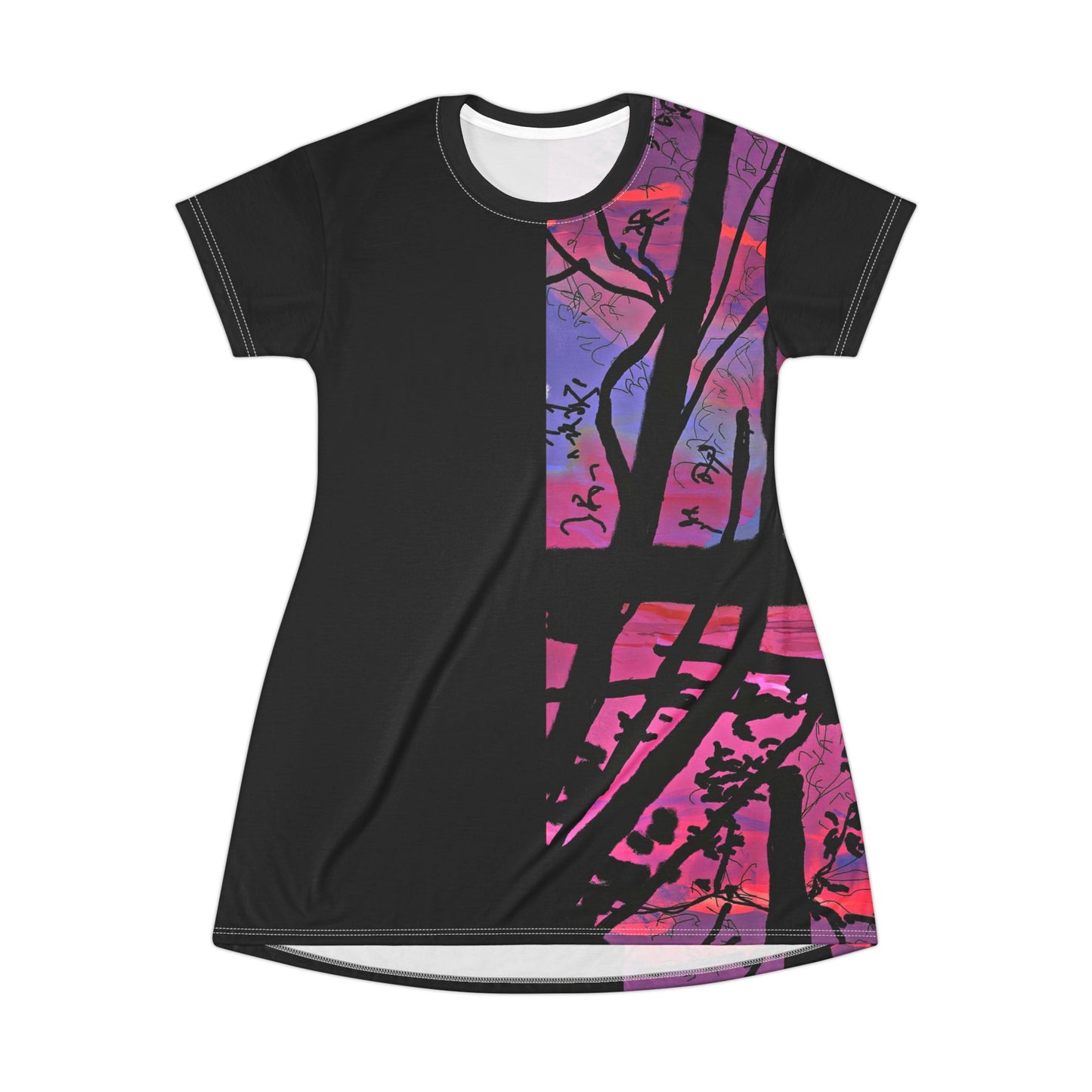 Black | Landscape Print T-Shirt Dress with Blue Red Hue