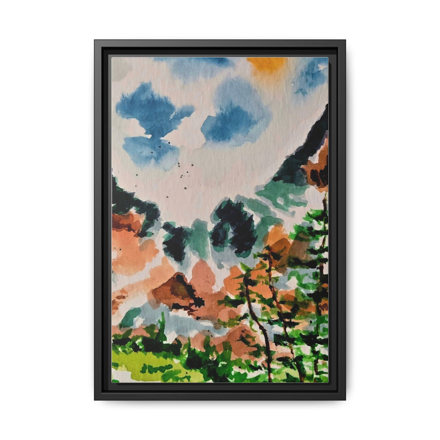 Serene Mountain Range Watercolor - Matte Canvas, Framed (Multi-color)