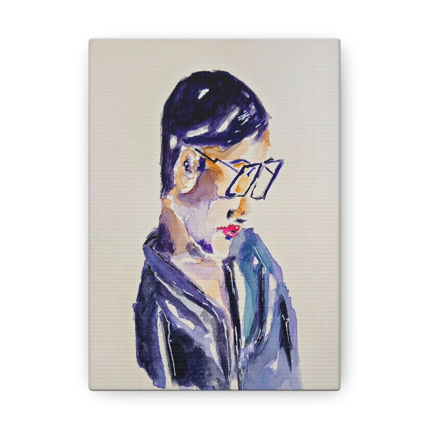 Deep Thinking Man Portrait in Glasses Handcrafted Watercolor Print - Canvas Wall Art