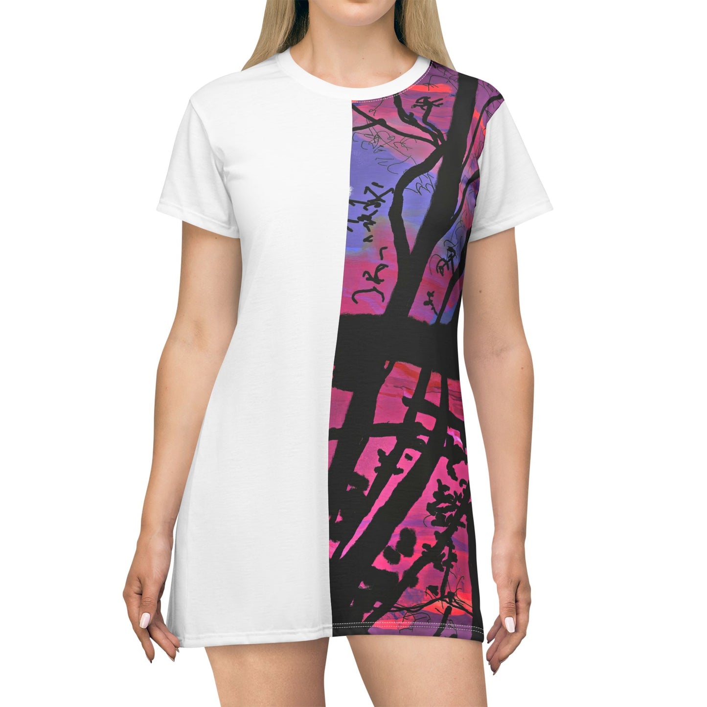 White | Landscape Print T-Shirt Dress with Blue Red Hue