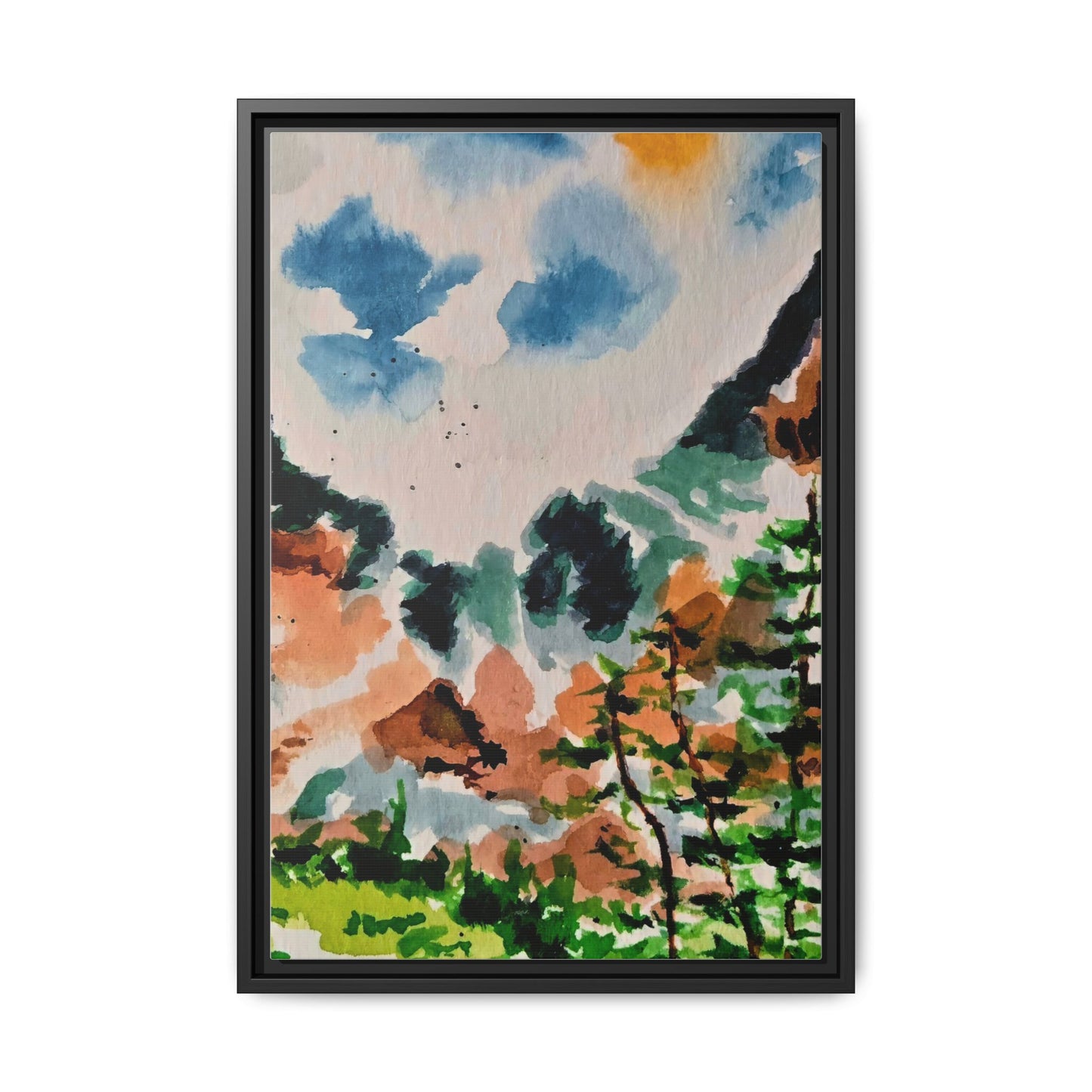 Serene Mountain Range Watercolor - Matte Canvas, Framed (Multi-color)