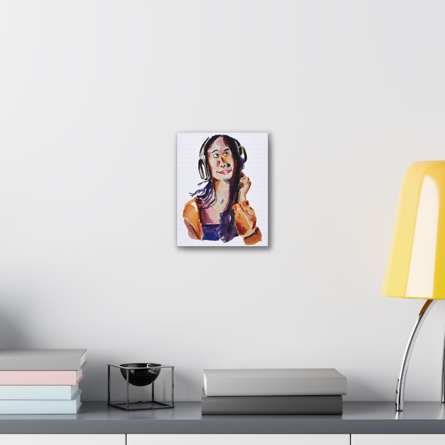 Music Lover Girl with Headphone Portrait Watercolor Print - Wall Art Canvas