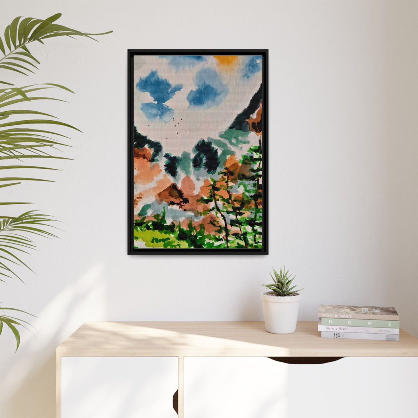 Serene Mountain Range Watercolor - Matte Canvas, Framed (Multi-color)