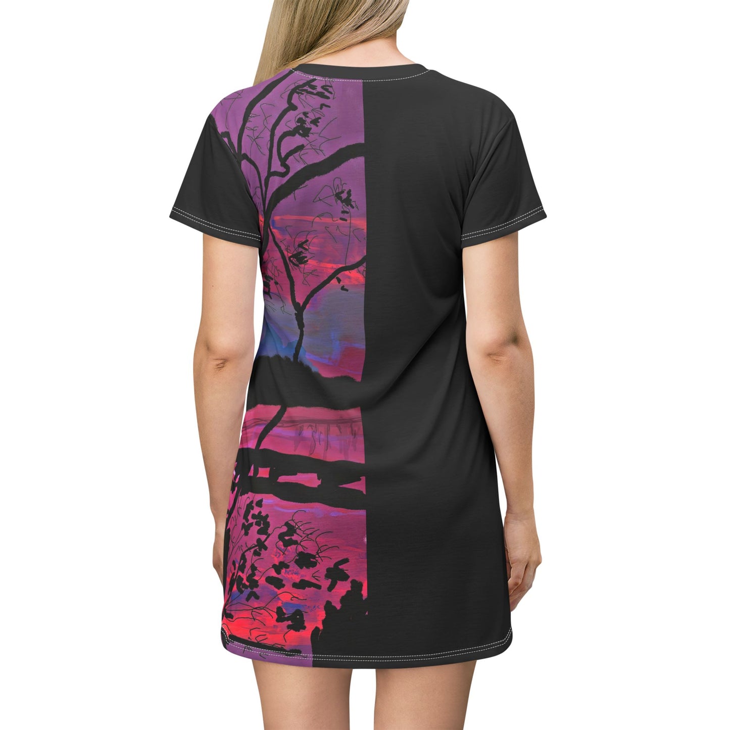 Black | Landscape Print T-Shirt Dress with Blue Red Hue