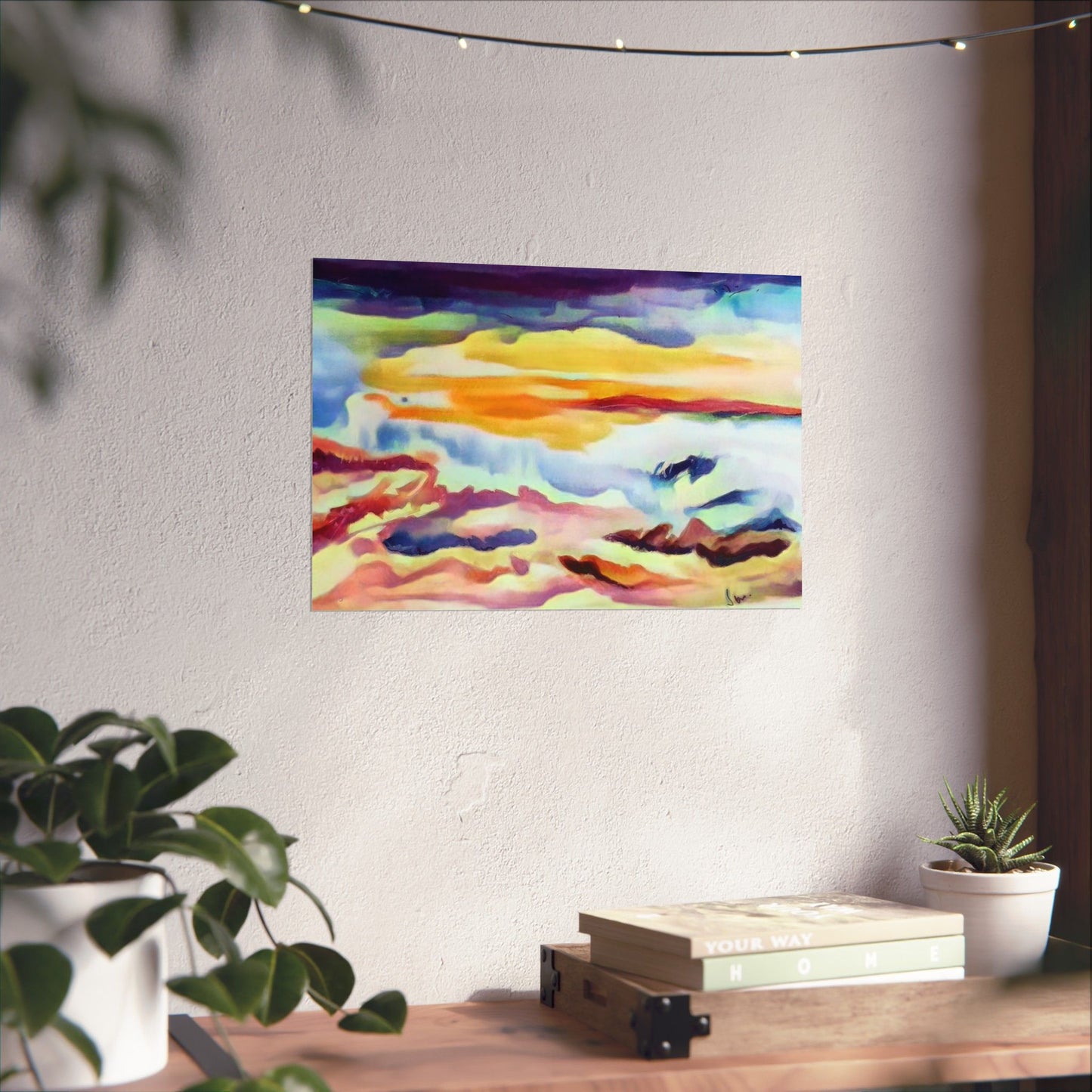 Scenic sky scene watercolor painting on a matte horizontal poster