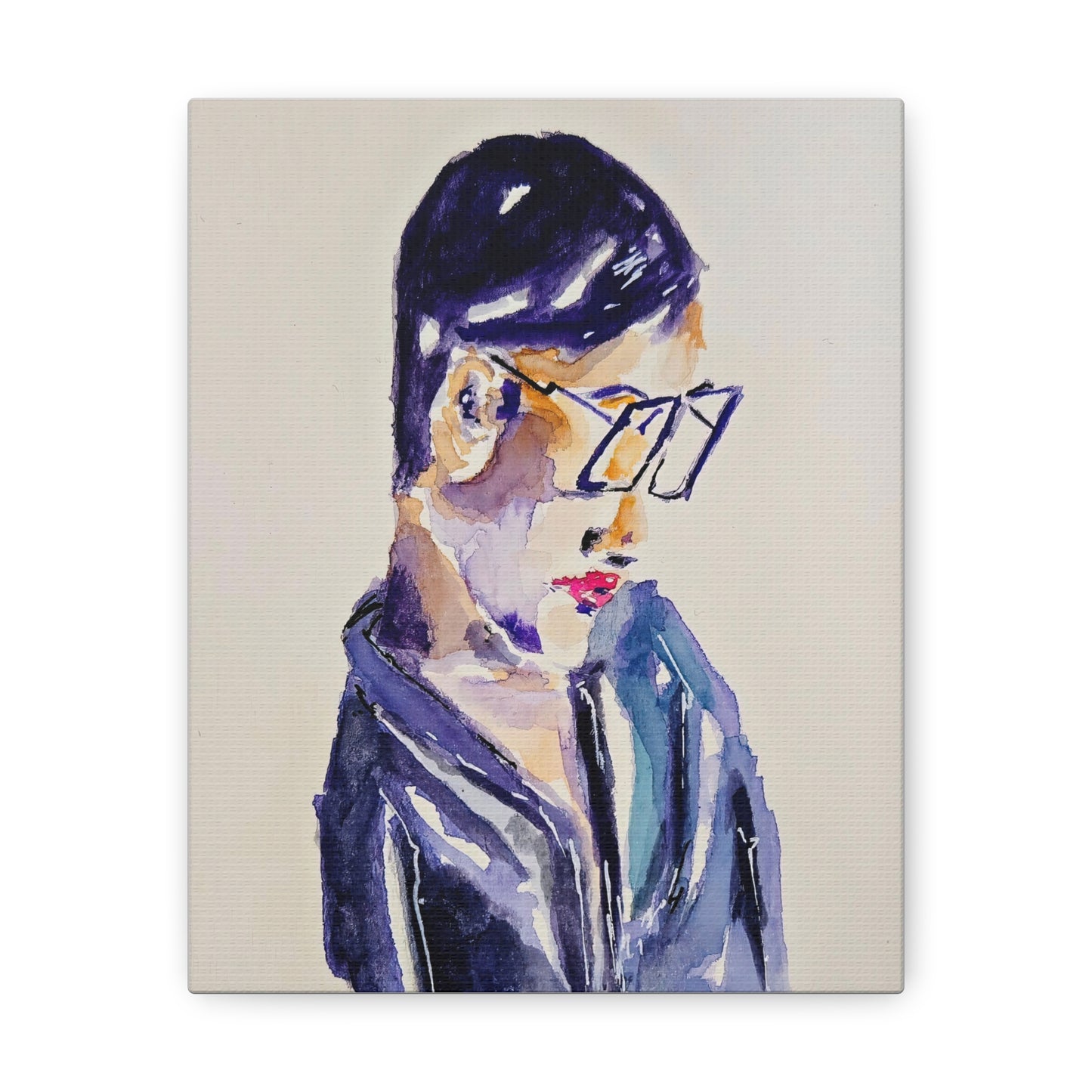 Deep Thinking Man Portrait in Glasses Handcrafted Watercolor Print - Canvas Wall Art