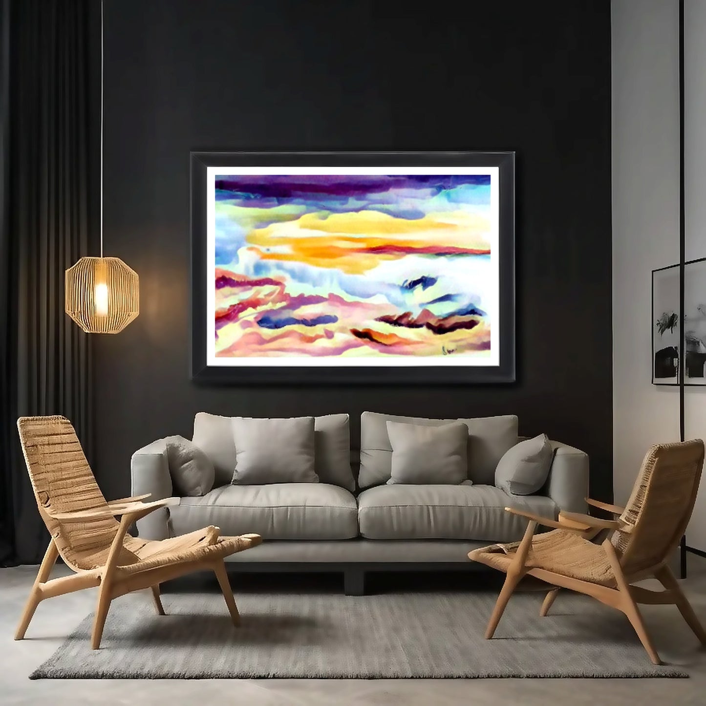 Scenic sky scene watercolor painting on a matte horizontal poster