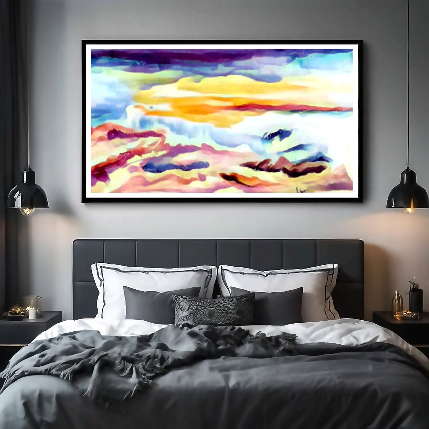 Scenic sky scene watercolor painting on a matte horizontal poster