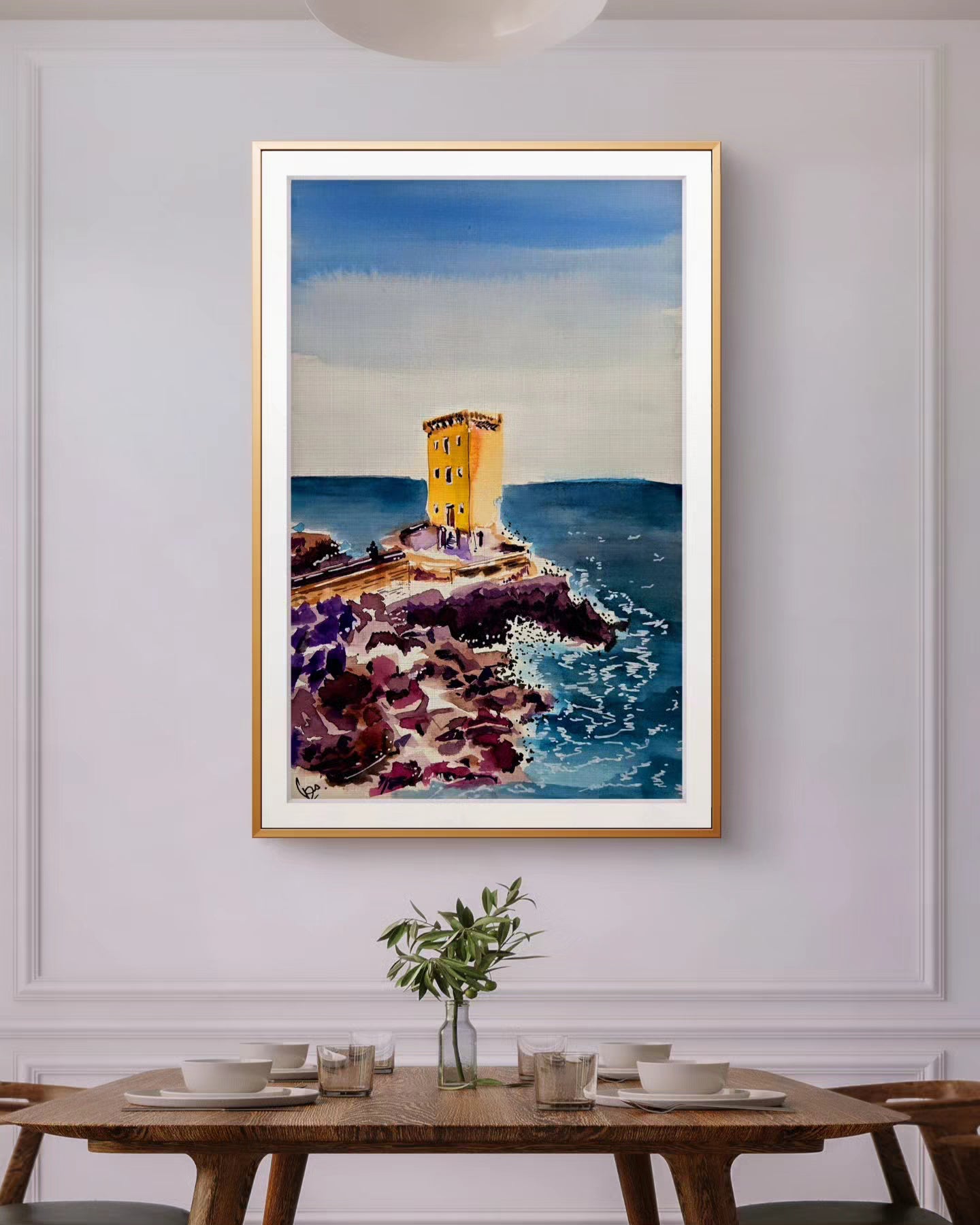 Mystical Seaside Tower - Watercolor Canvas Wall Art (Sea Blue Collection) Canvas Gallery Wraps