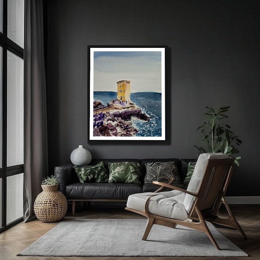 Mystical Seaside Tower - Watercolor Canvas Wall Art (Sea Blue Collection) Canvas Gallery Wraps