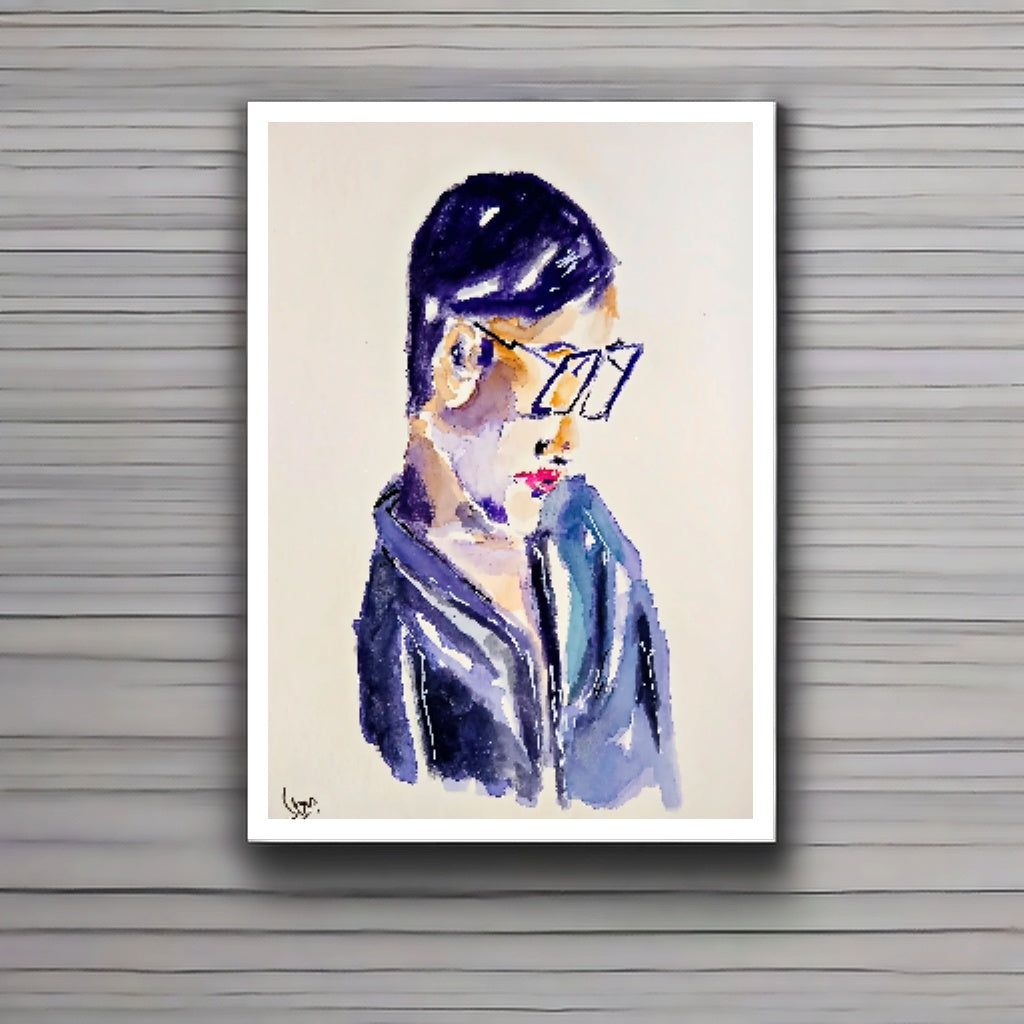 Deep Thinking Man Portrait in Glasses Handcrafted Watercolor Print - Canvas Wall Art