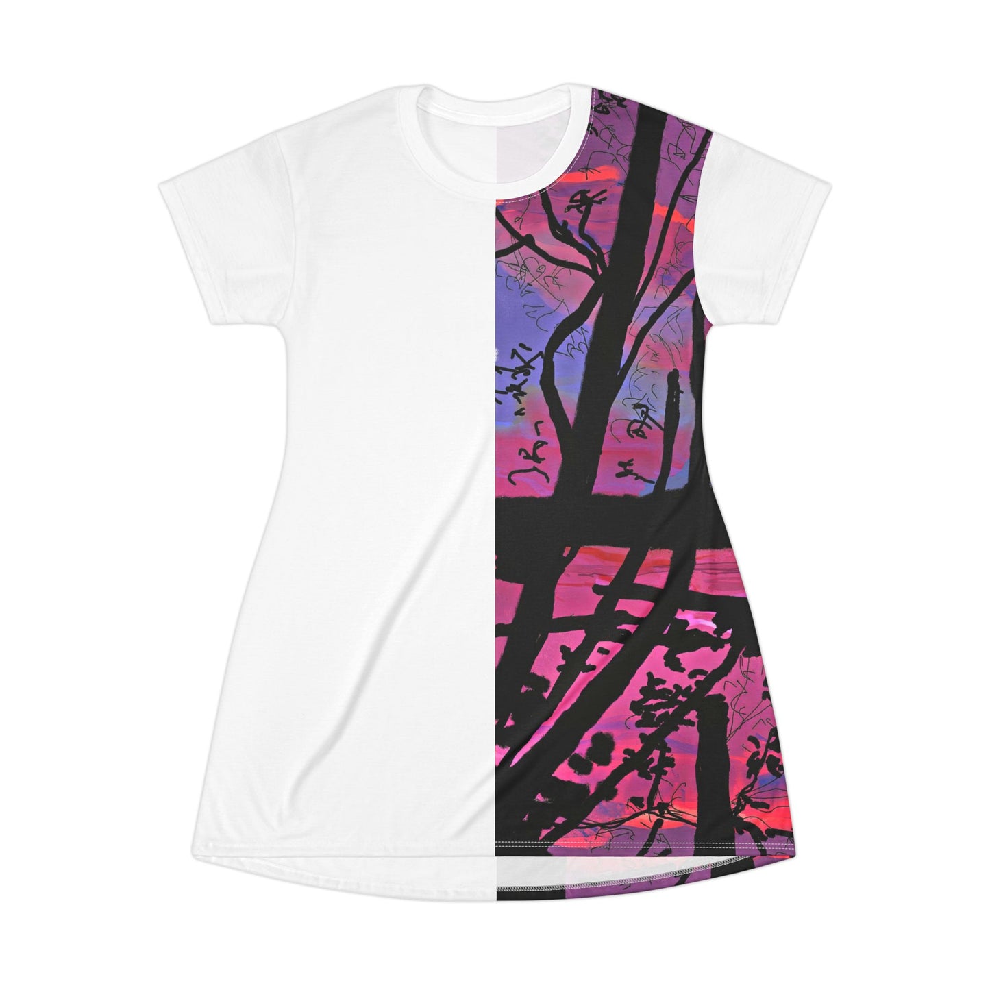 White | Landscape Print T-Shirt Dress with Blue Red Hue