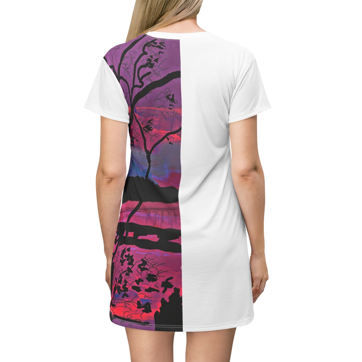 White | Landscape Print T-Shirt Dress with Blue Red Hue