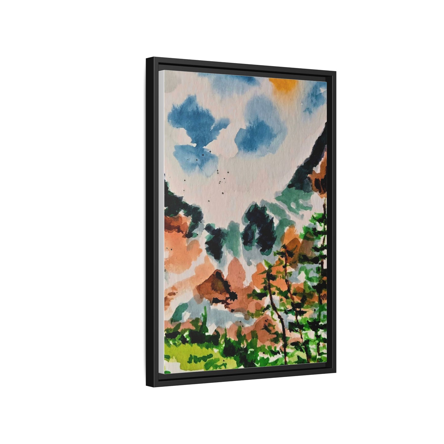 Serene Mountain Range Watercolor - Matte Canvas, Framed (Multi-color)