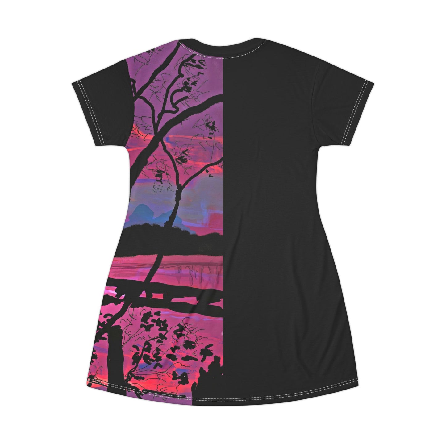 Black | Landscape Print T-Shirt Dress with Blue Red Hue