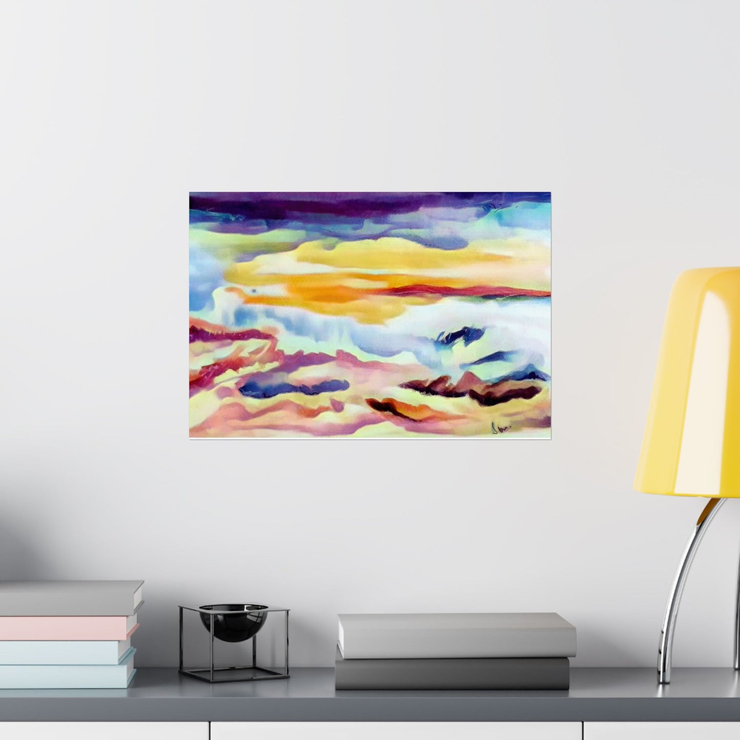 Scenic sky scene watercolor painting on a matte horizontal poster