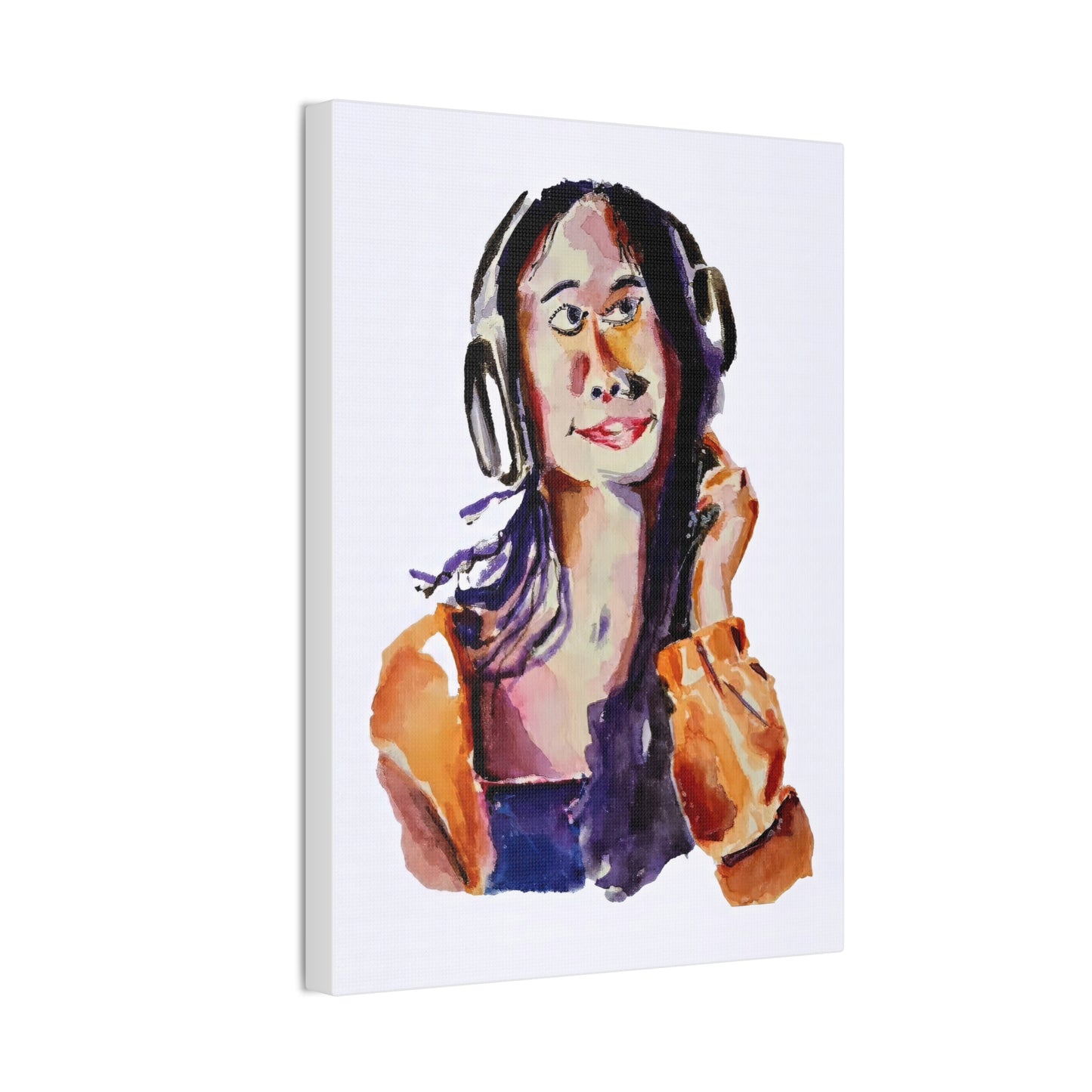 Music Lover Girl with Headphone Portrait Watercolor Print - Wall Art Canvas