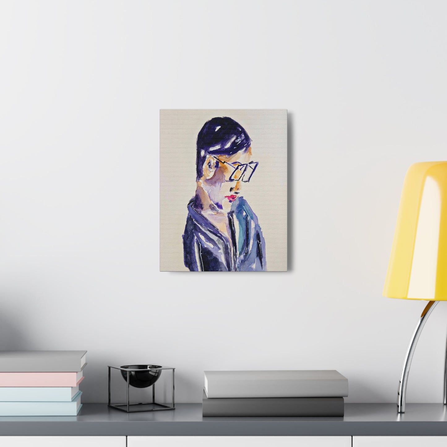 Deep Thinking Man Portrait in Glasses Handcrafted Watercolor Print - Canvas Wall Art