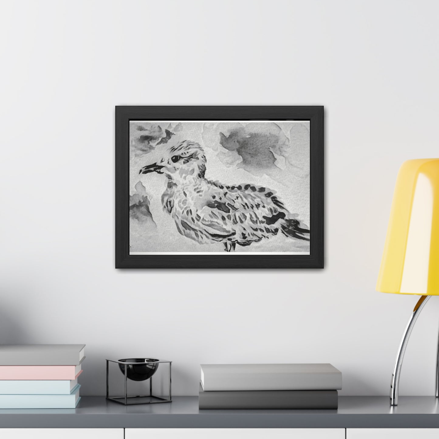 Stunning sea gull painted with watercolors in black and white - Framed