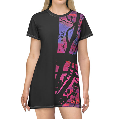 Black | Landscape Print T-Shirt Dress with Blue Red Hue