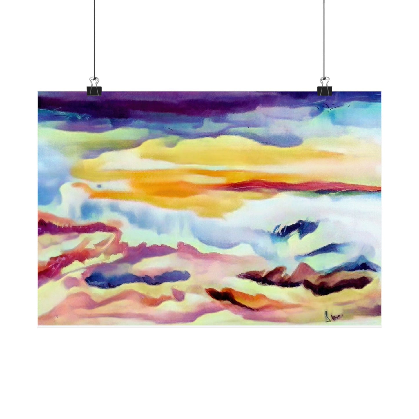 Scenic sky scene watercolor painting on a matte horizontal poster