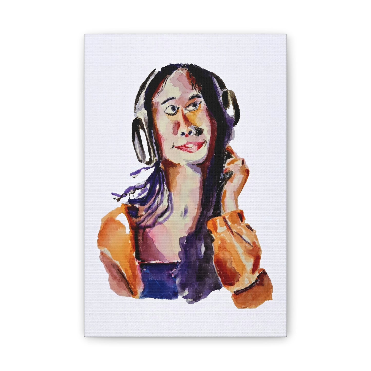 Music Lover Girl with Headphone Portrait Watercolor Print - Wall Art Canvas