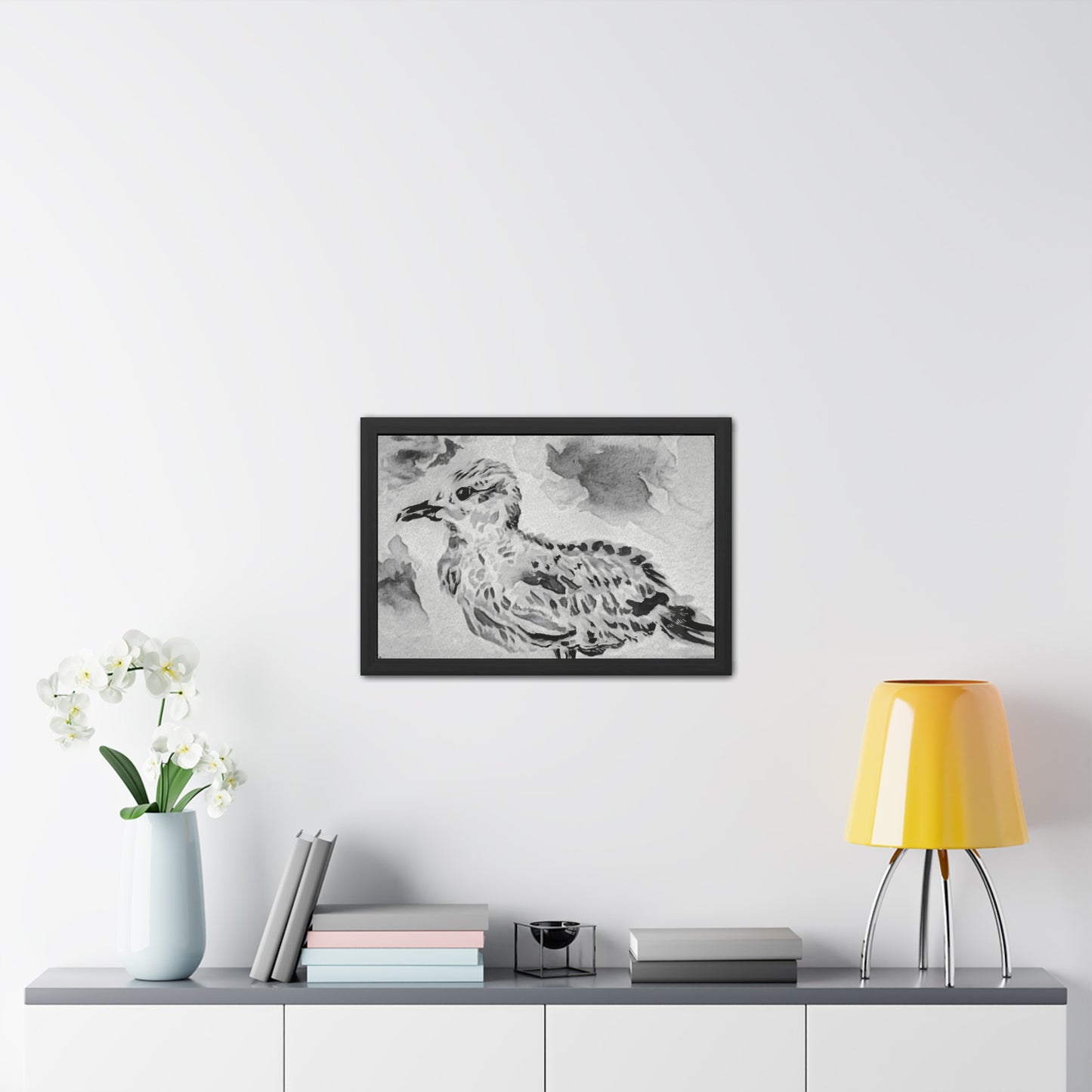 Stunning sea gull painted with watercolors in black and white - Framed