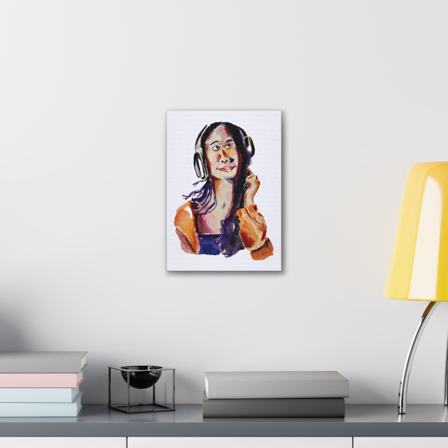 Music Lover Girl with Headphone Portrait Watercolor Print - Wall Art Canvas