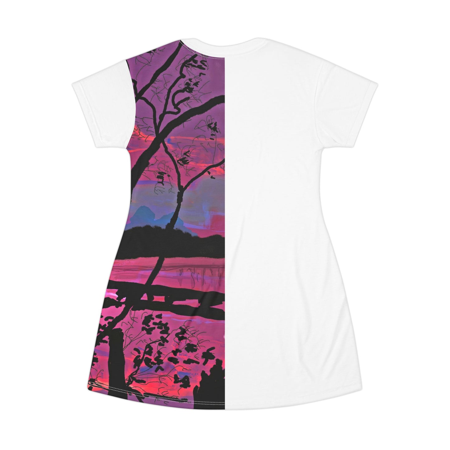 White | Landscape Print T-Shirt Dress with Blue Red Hue