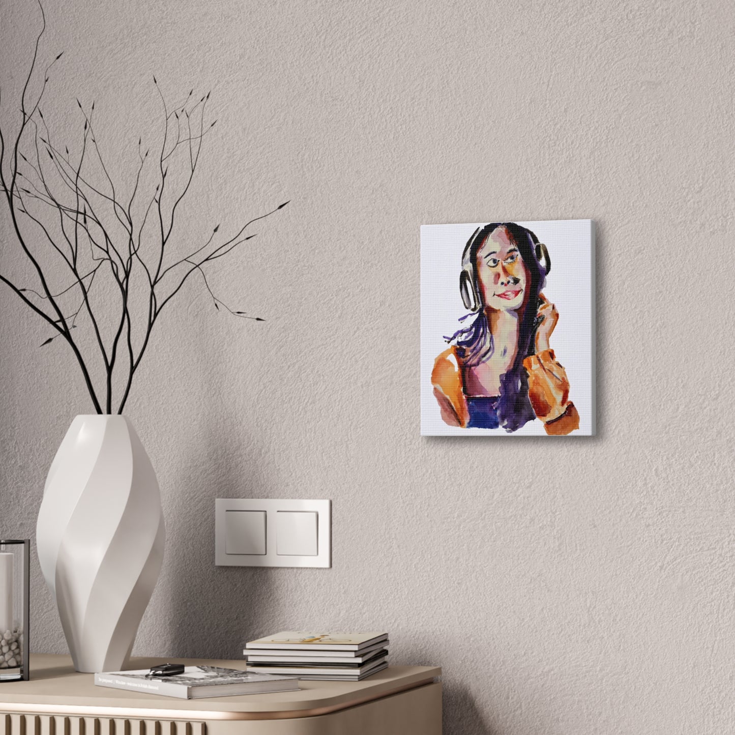 Music Lover Girl with Headphone Portrait Watercolor Print - Wall Art Canvas